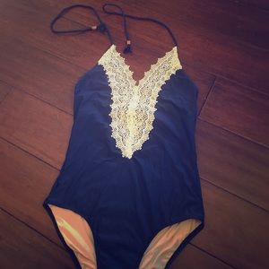 Navy blue and lace one piece bathing suit